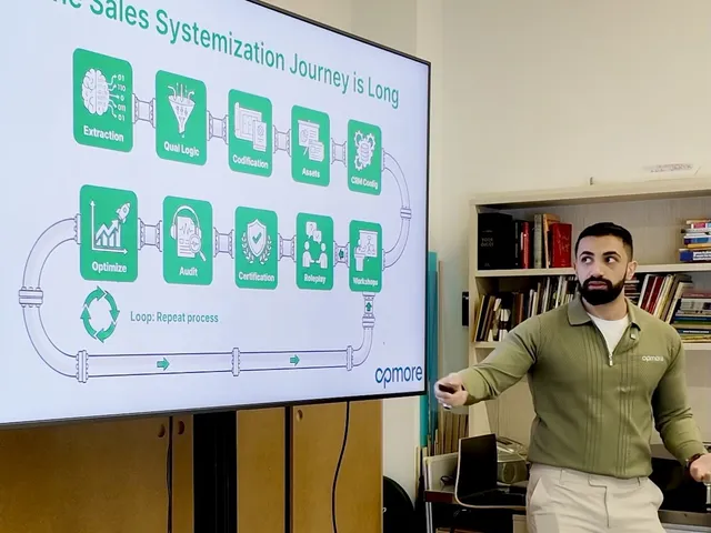 Mo pointing at a slide during the workshop on scaling sales beyond the founder at Startup Day in Estonia.
