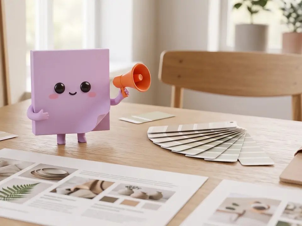 Purple Sticky holding an orange megaphone, next to paint swatches.