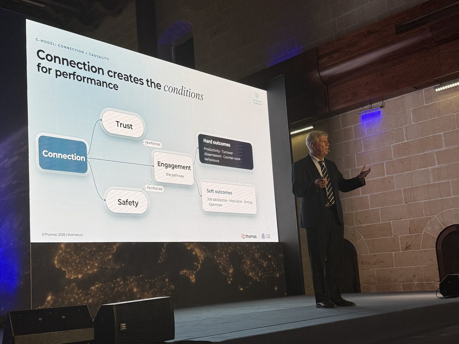 Slide reading "Connection creates the conditions for performance," showing connection leading to trust, safety and engagement