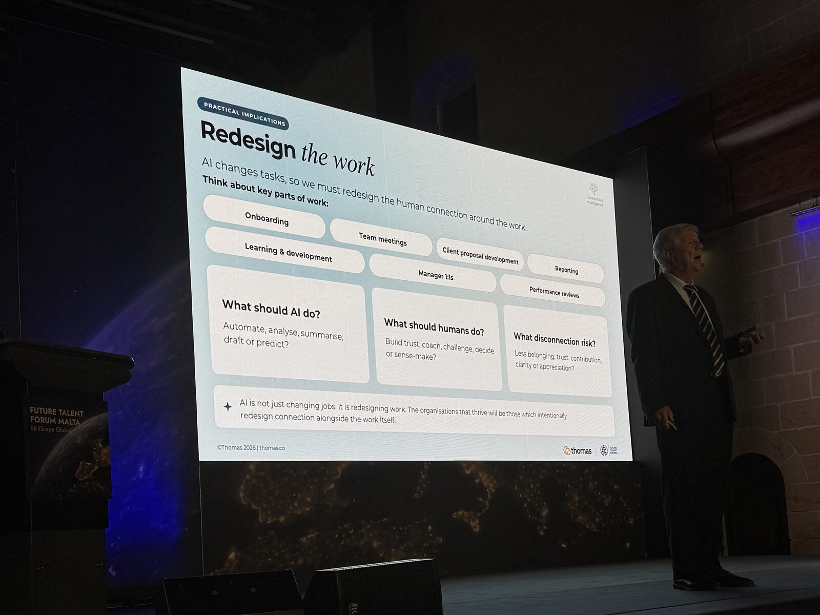 Slide titled "Redesign the work," mapping what AI should do against what humans should do and the disconnection risk across onboarding, team meetings, manager one-on-ones and performance reviews